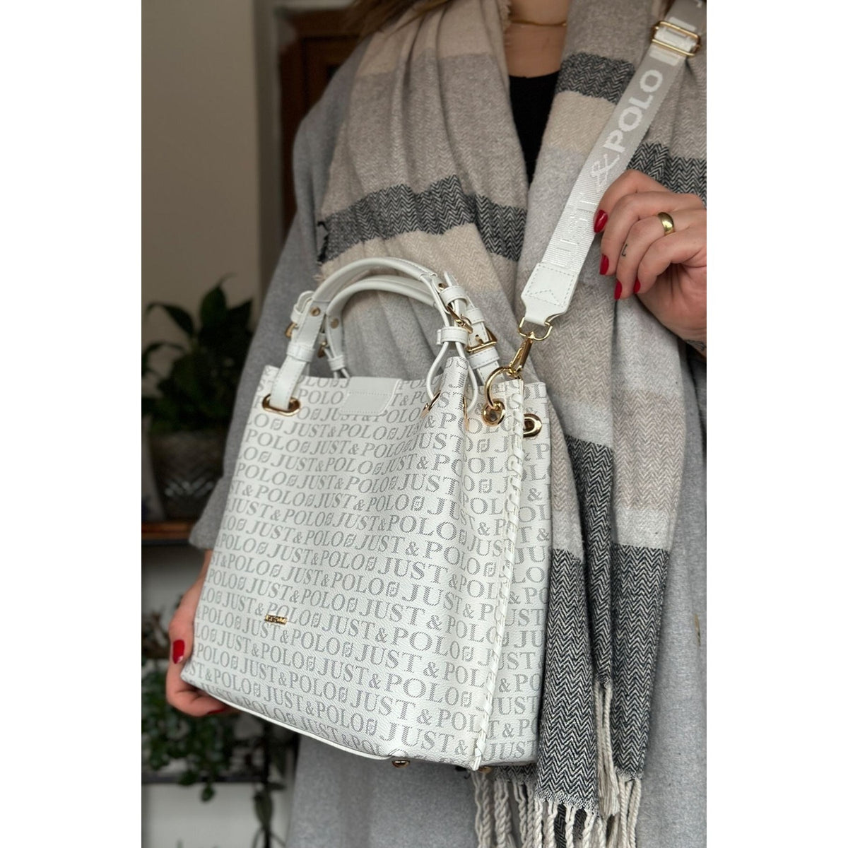 Just Polo Women's Just Polo Embossed Pattern Magnetic Snap Closure Handbag with Shoulder Strap White - Gold - MALLTURK