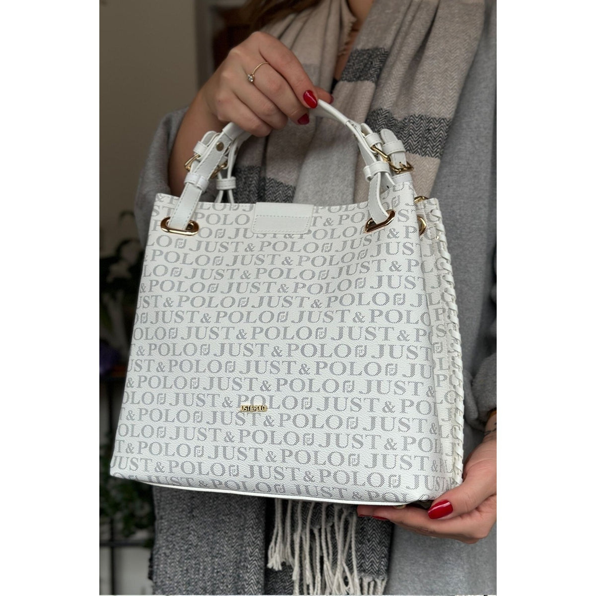 Just Polo Women's Just Polo Embossed Pattern Magnetic Snap Closure Handbag with Shoulder Strap White - Gold - MALLTURK
