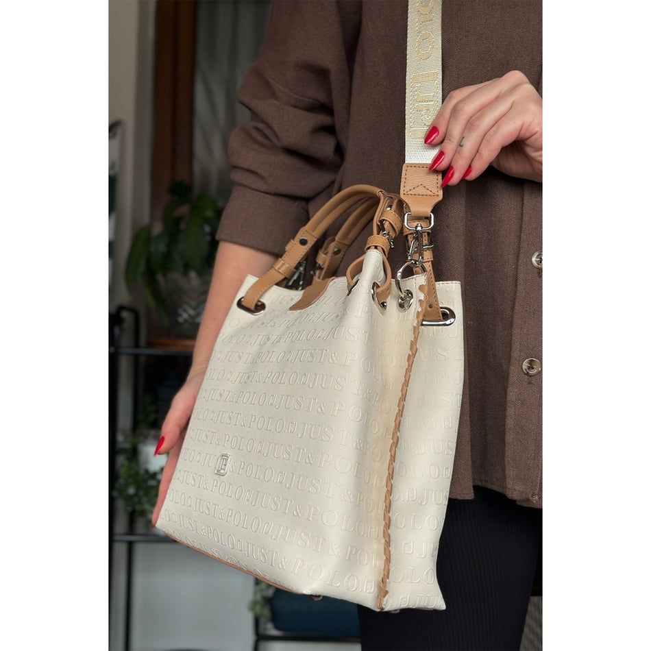 Just Polo Women's Just Polo Embossed Pattern Magnetic Snap Closure Handbag with Shoulder Strap Cream - Tan - MALLTURK