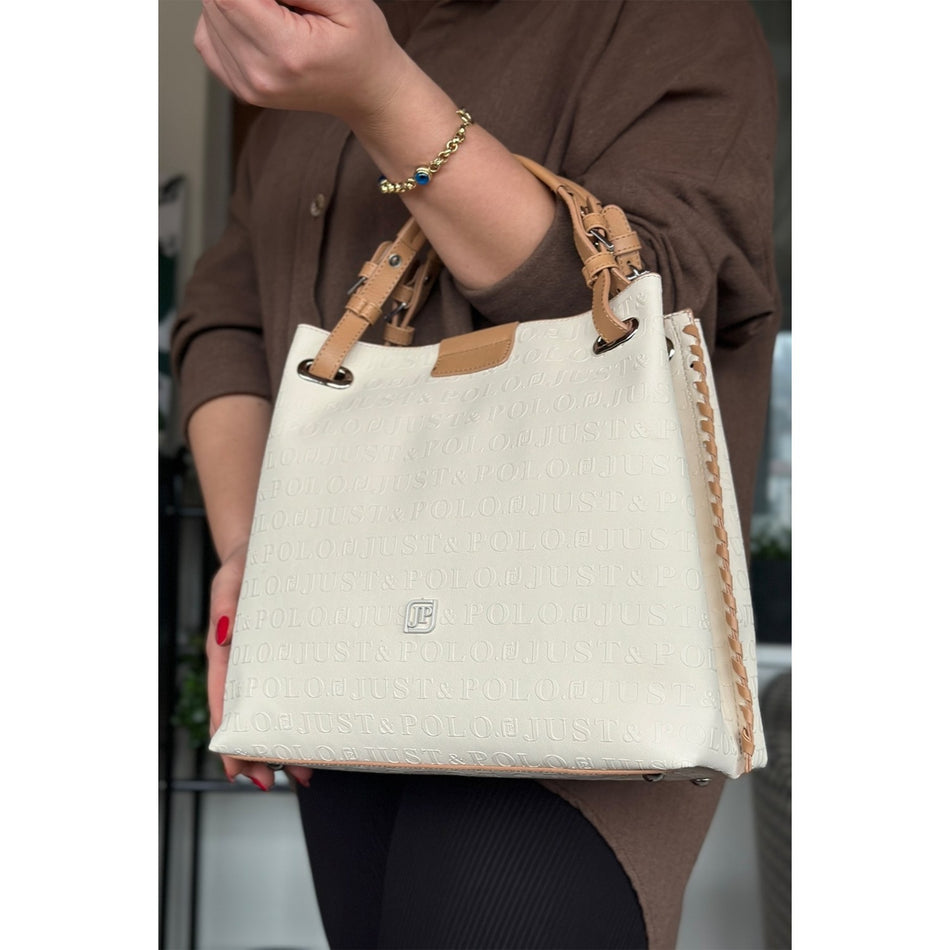 Just Polo Women's Just Polo Embossed Pattern Magnetic Snap Closure Handbag with Shoulder Strap Cream - Tan - MALLTURK