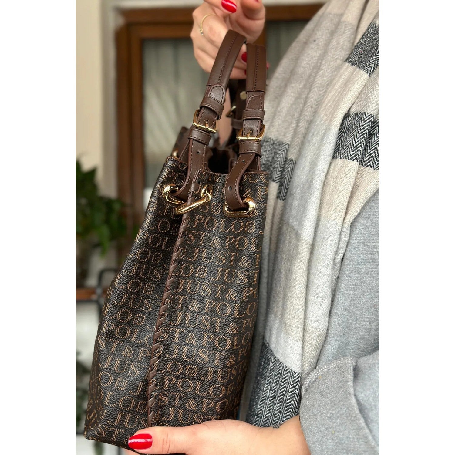 Just Polo Women's Just Polo Embossed Pattern Magnetic Snap Closure Handbag with Shoulder Strap Brown - MALLTURK