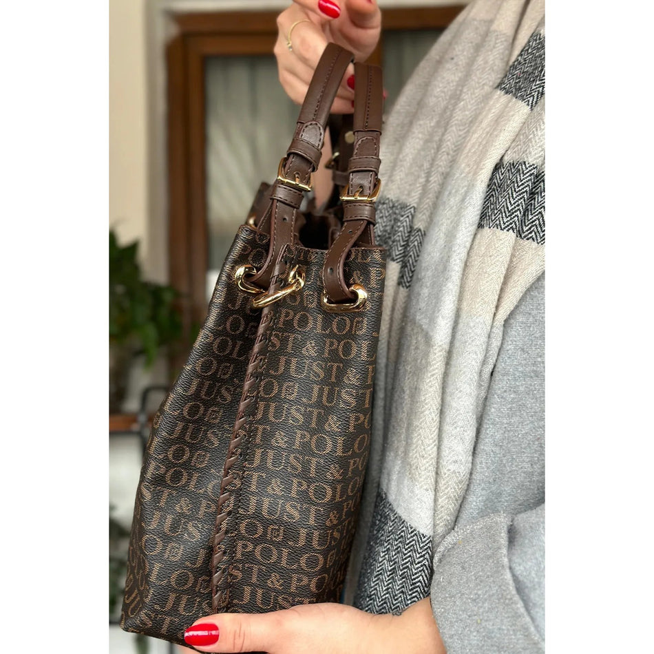 Just Polo Women's Just Polo Embossed Pattern Magnetic Snap Closure Handbag with Shoulder Strap Brown - MALLTURK