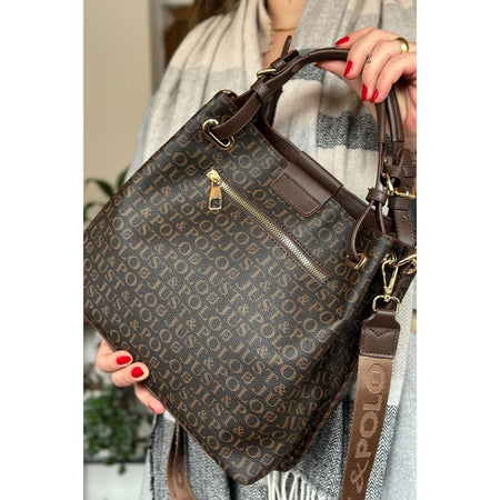 Just Polo Women's Just Polo Embossed Pattern Magnetic Snap Closure Handbag with Shoulder Strap Brown - MALLTURK