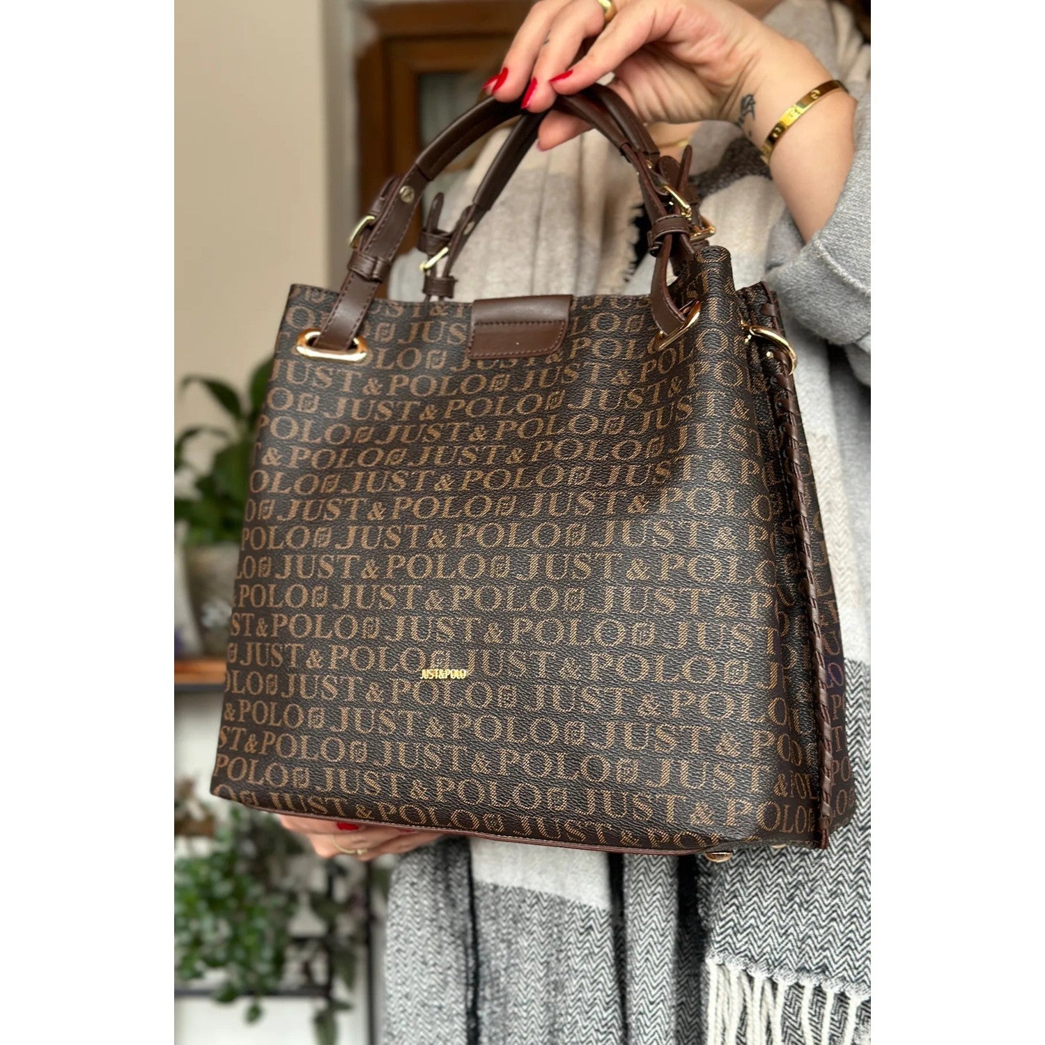 Just Polo Women's Just Polo Embossed Pattern Magnetic Snap Closure Handbag with Shoulder Strap Brown - MALLTURK