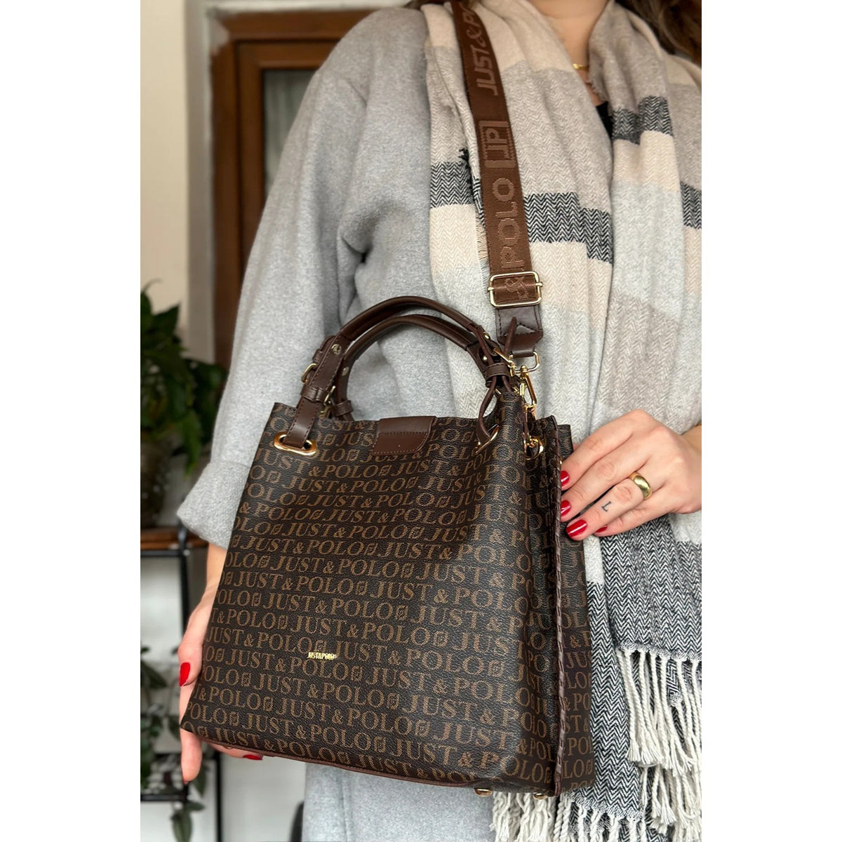 Just Polo Women's Just Polo Embossed Pattern Magnetic Snap Closure Handbag with Shoulder Strap Brown - MALLTURK