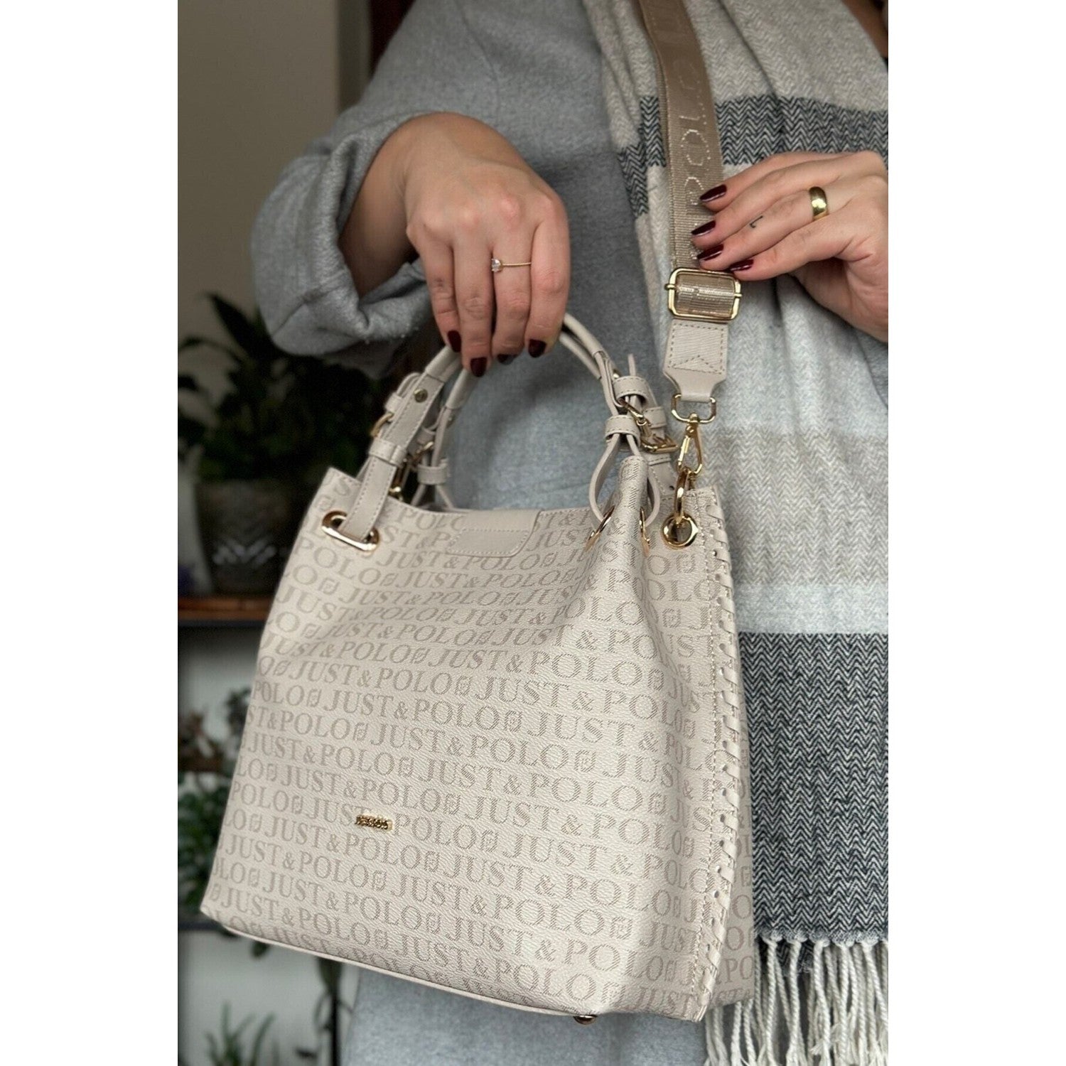 Just Polo Women's Just Polo Embossed Pattern Magnetic Snap Closure Handbag with Shoulder Strap Stone - MALLTURK