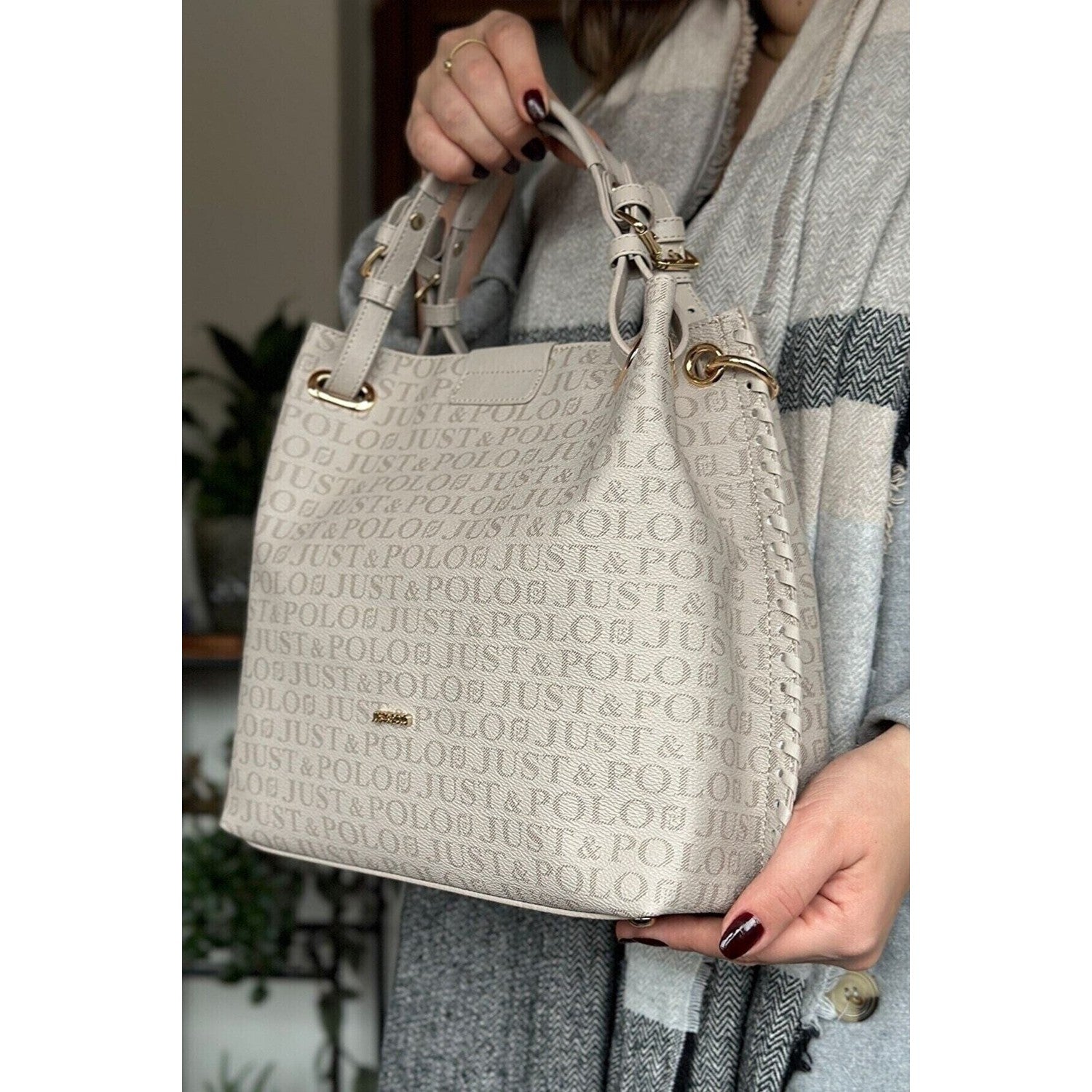 Just Polo Women's Just Polo Embossed Pattern Magnetic Snap Closure Handbag with Shoulder Strap Stone - MALLTURK