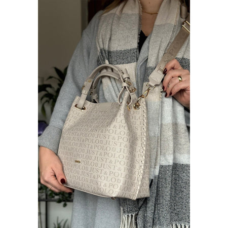 Just Polo Women's Just Polo Embossed Pattern Magnetic Snap Closure Handbag with Shoulder Strap Stone - MALLTURK