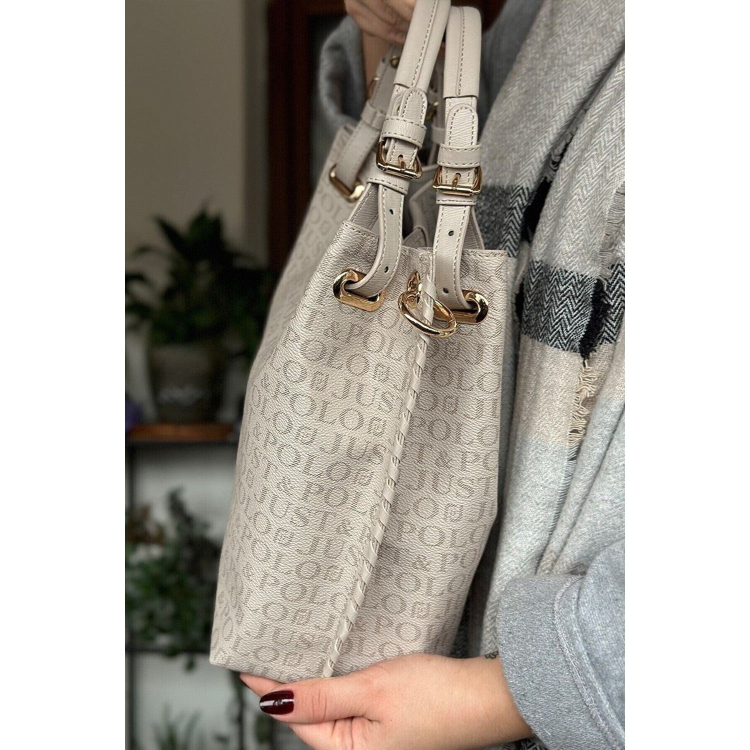 Just Polo Women's Just Polo Embossed Pattern Magnetic Snap Closure Handbag with Shoulder Strap Stone - MALLTURK