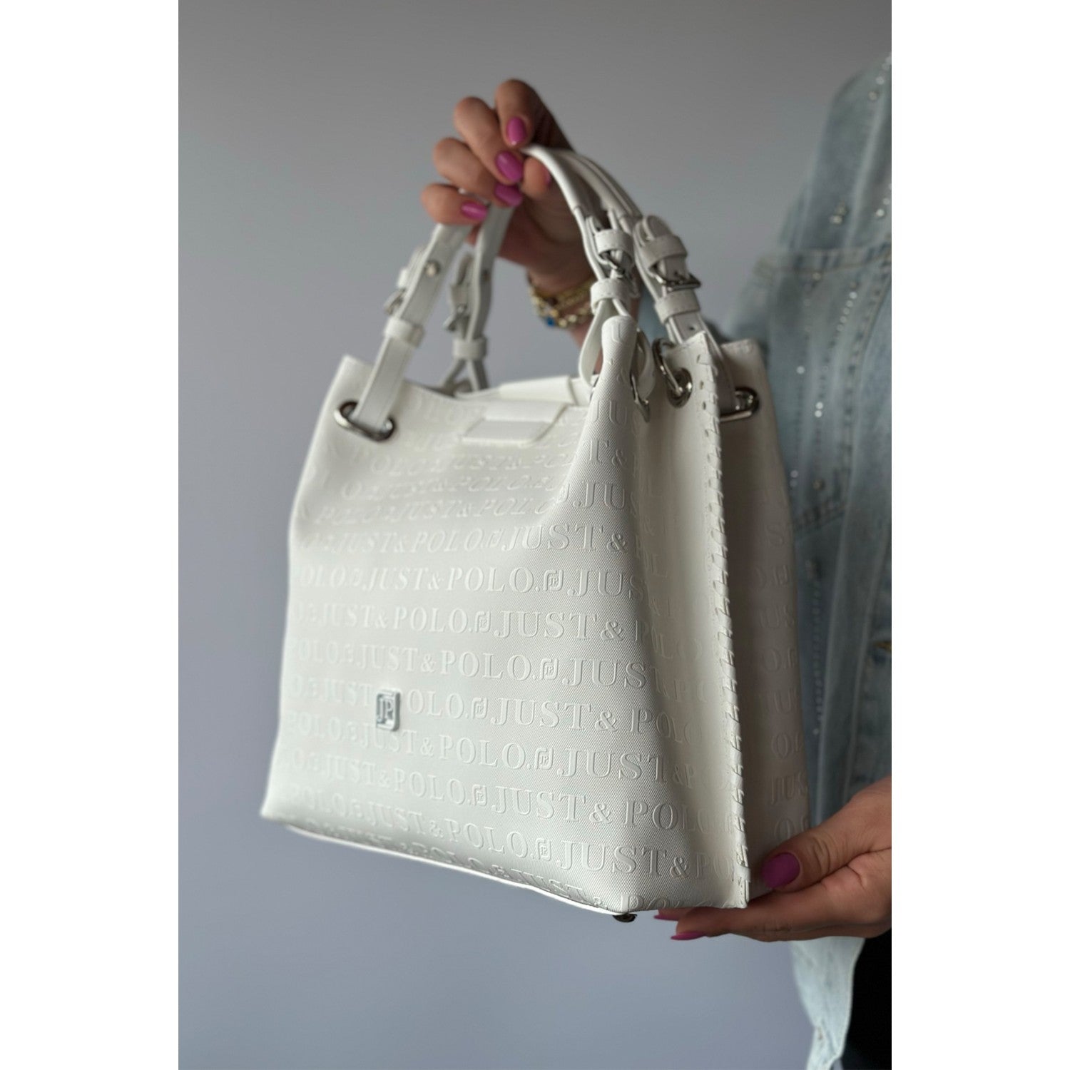 Just Polo Women's Just Polo Embossed Pattern Magnetic Snap Closure Handbag with Shoulder Strap White - MALLTURK