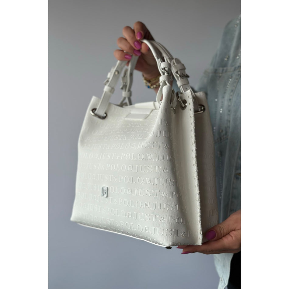 Just Polo Women's Just Polo Embossed Pattern Magnetic Snap Closure Handbag with Shoulder Strap White - MALLTURK