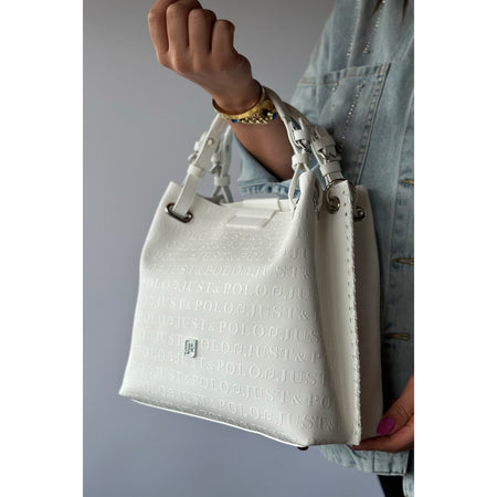 Just Polo Women's Just Polo Embossed Pattern Magnetic Snap Closure Handbag with Shoulder Strap White - MALLTURK