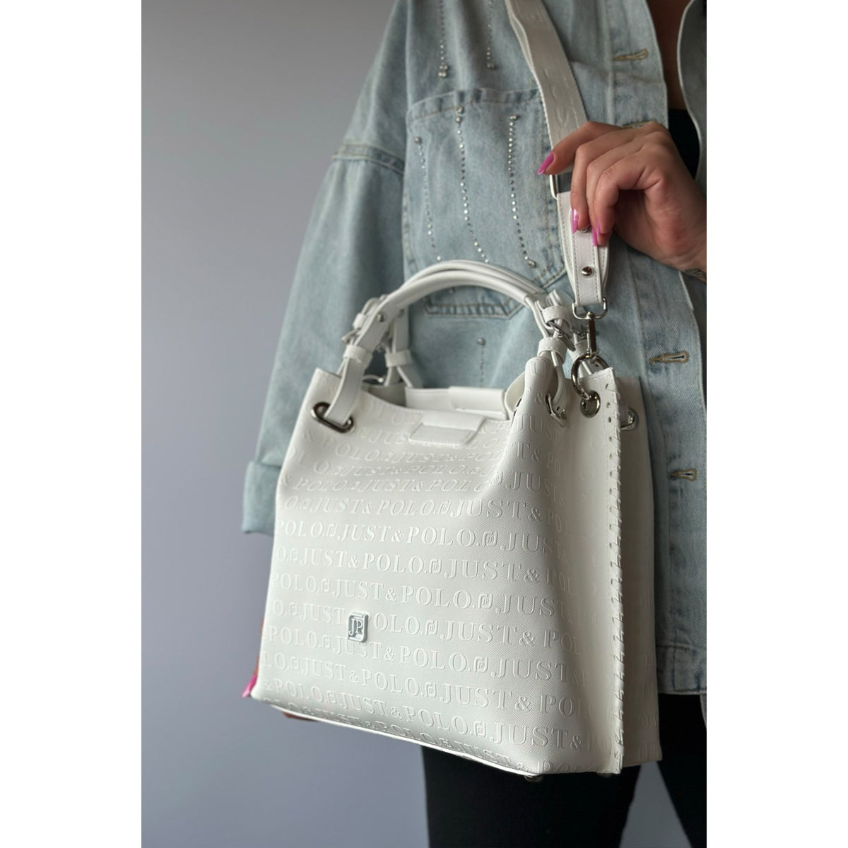 Just Polo Women's Just Polo Embossed Pattern Magnetic Snap Closure Handbag with Shoulder Strap White - MALLTURK