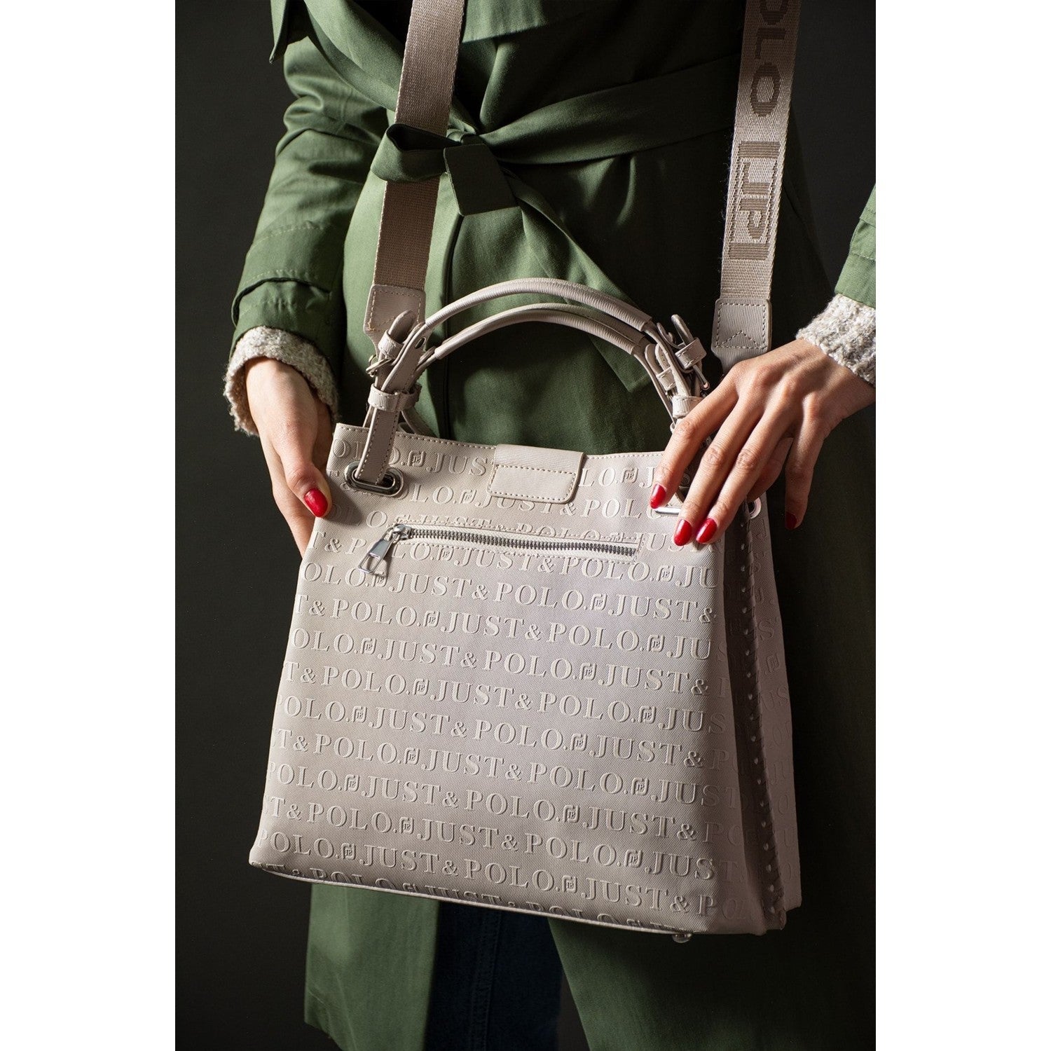 Just Polo Women's Just Polo Embossed Pattern Magnetic Snap Closure Handbag with Shoulder Strap Stone - Gray - MALLTURK