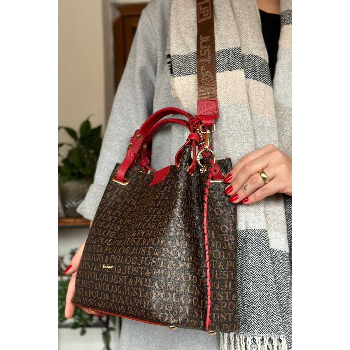 Just Polo Women's Just Polo Embossed Pattern Magnetic Snap Closure Handbag with Shoulder Strap Red - MALLTURK
