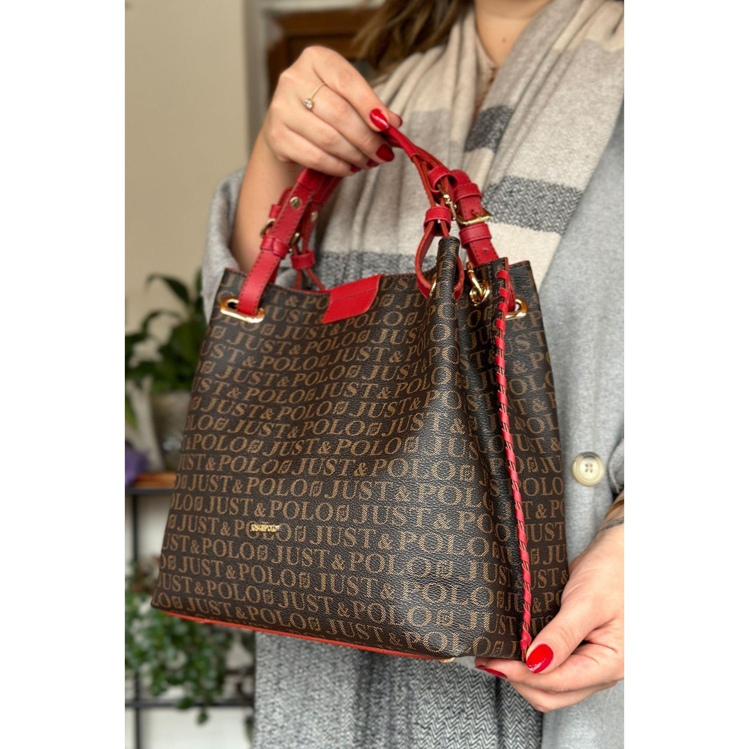 Just Polo Women's Just Polo Embossed Pattern Magnetic Snap Closure Handbag with Shoulder Strap Red - MALLTURK