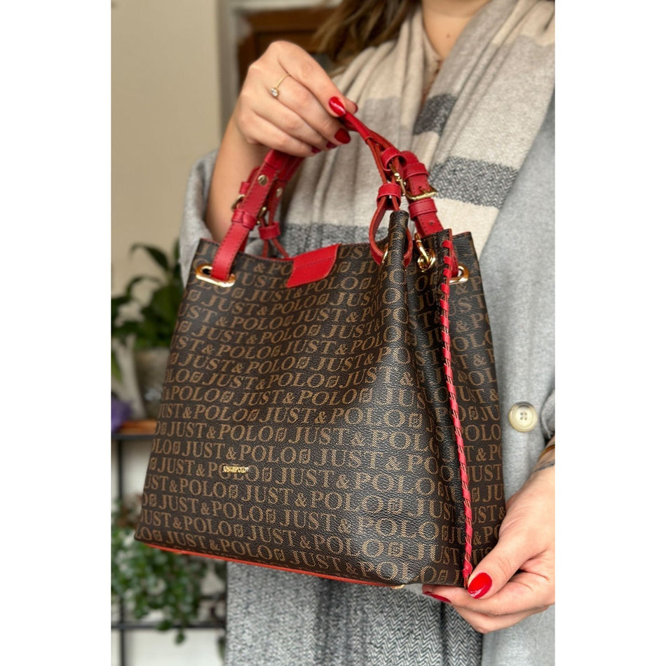 Just Polo Women's Just Polo Embossed Pattern Magnetic Snap Closure Handbag with Shoulder Strap Red - MALLTURK