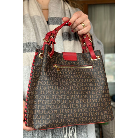 Just Polo Women's Just Polo Embossed Pattern Magnetic Snap Closure Handbag with Shoulder Strap Red - MALLTURK