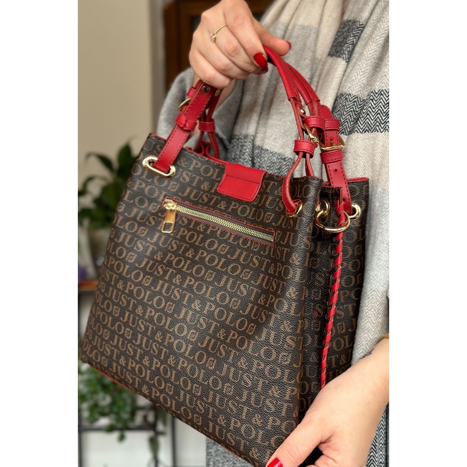 Just Polo Women's Just Polo Embossed Pattern Magnetic Snap Closure Handbag with Shoulder Strap Red - MALLTURK