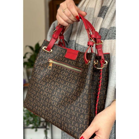 Just Polo Women's Just Polo Embossed Pattern Magnetic Snap Closure Handbag with Shoulder Strap Red - MALLTURK