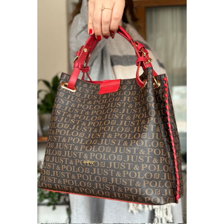Just Polo Women's Just Polo Embossed Pattern Magnetic Snap Closure Handbag with Shoulder Strap Red - MALLTURK