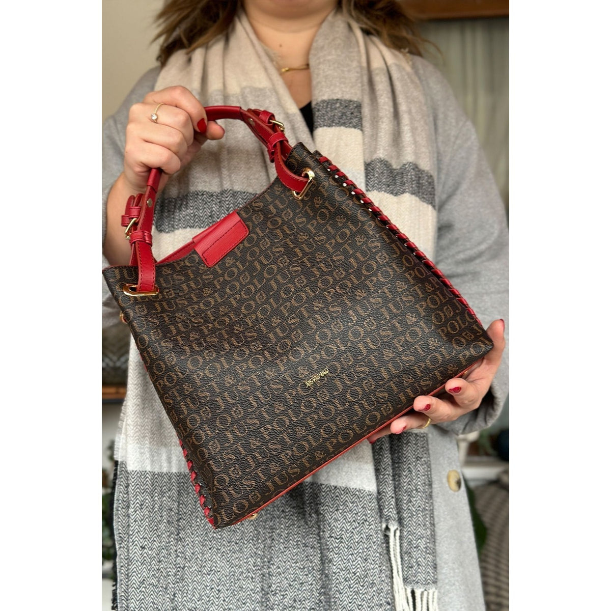 Just Polo Women's Just Polo Embossed Pattern Magnetic Snap Closure Handbag with Shoulder Strap Red - MALLTURK