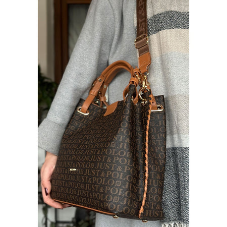 Just Polo Women's Just Polo Embossed Pattern Magnetic Snap Closure Handbag with Shoulder Strap Brown - Tan - MALLTURK