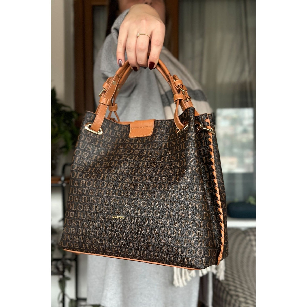 Just Polo Women's Just Polo Embossed Pattern Magnetic Snap Closure Handbag with Shoulder Strap Brown - Tan - MALLTURK