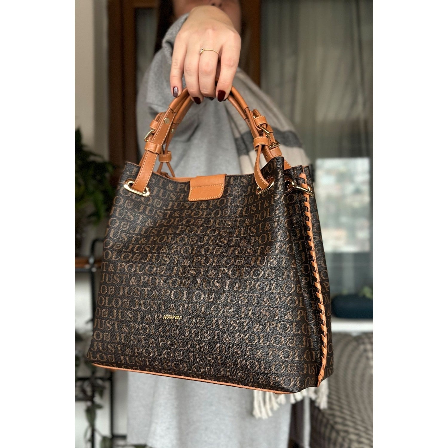 Just Polo Women's Just Polo Embossed Pattern Magnetic Snap Closure Handbag with Shoulder Strap Brown - Tan - MALLTURK