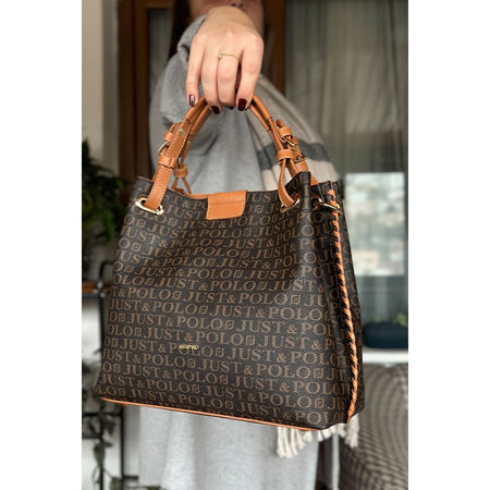 Just Polo Women's Just Polo Embossed Pattern Magnetic Snap Closure Handbag with Shoulder Strap Brown - Tan - MALLTURK