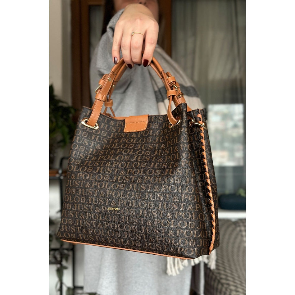 Just Polo Women's Just Polo Embossed Pattern Magnetic Snap Closure Handbag with Shoulder Strap Brown - Tan - MALLTURK