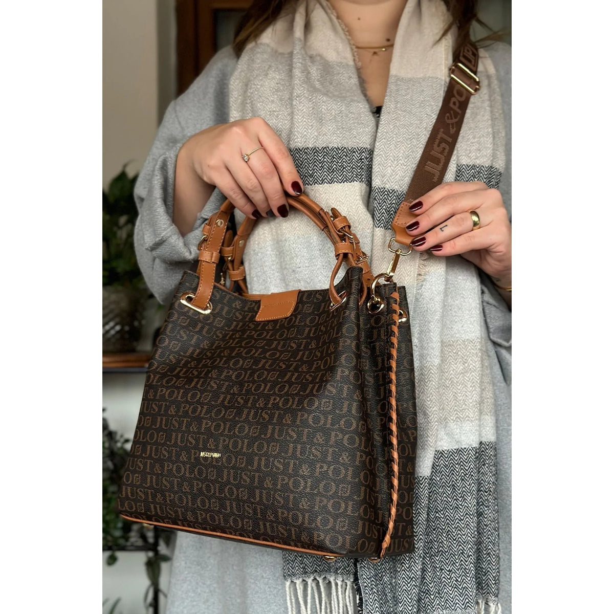 Just Polo Women's Just Polo Embossed Pattern Magnetic Snap Closure Handbag with Shoulder Strap Brown - Tan - MALLTURK