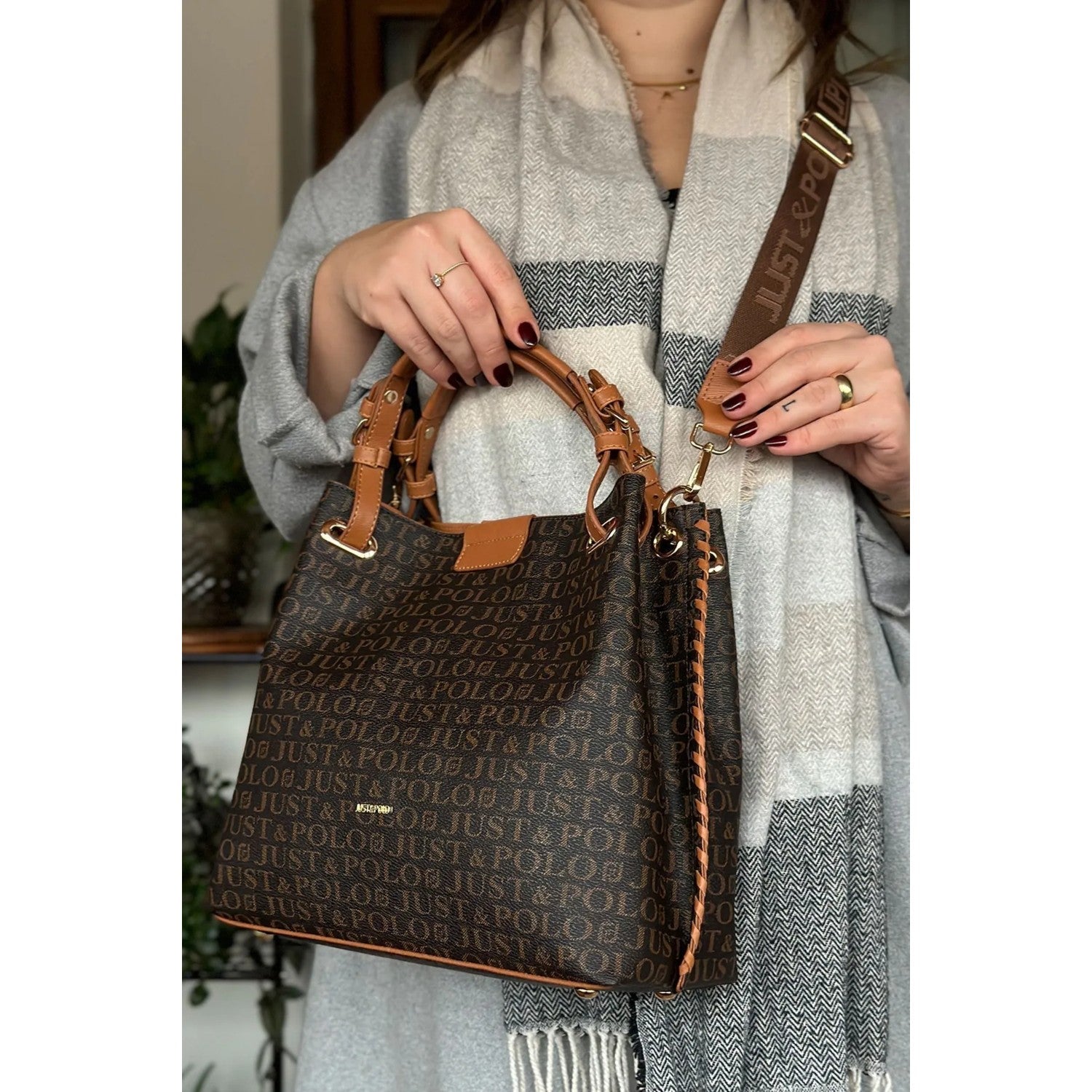 Just Polo Women's Just Polo Embossed Pattern Magnetic Snap Closure Handbag with Shoulder Strap Brown - Tan - MALLTURK