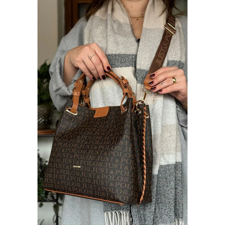 Just Polo Women's Just Polo Embossed Pattern Magnetic Snap Closure Handbag with Shoulder Strap Brown - Tan - MALLTURK