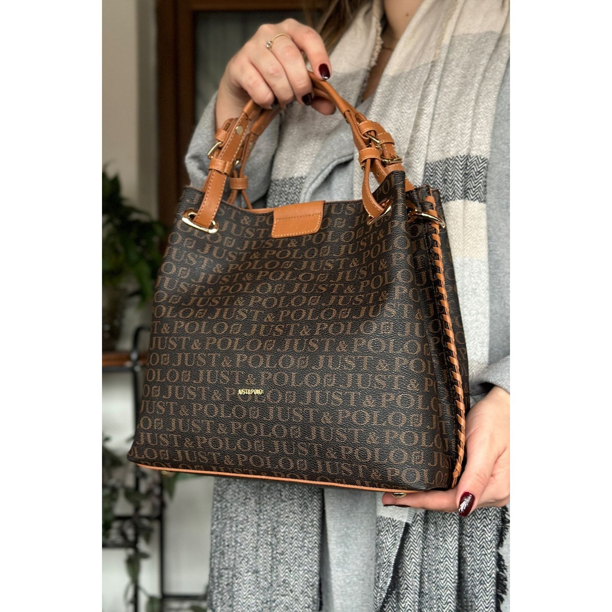 Just Polo Women's Just Polo Embossed Pattern Magnetic Snap Closure Handbag with Shoulder Strap Brown - Tan - MALLTURK