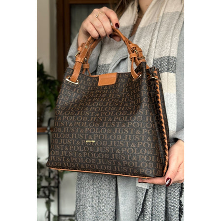 Just Polo Women's Just Polo Embossed Pattern Magnetic Snap Closure Handbag with Shoulder Strap Brown - Tan - MALLTURK