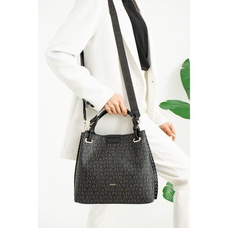 Just Polo Black Women's Just Polo Embossed Pattern Magnetic Snap Closure Handbag with Shoulder Strap - MALLTURK