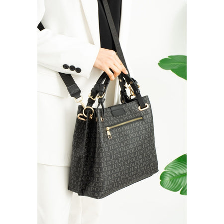 Just Polo Black Women's Just Polo Embossed Pattern Magnetic Snap Closure Handbag with Shoulder Strap - MALLTURK