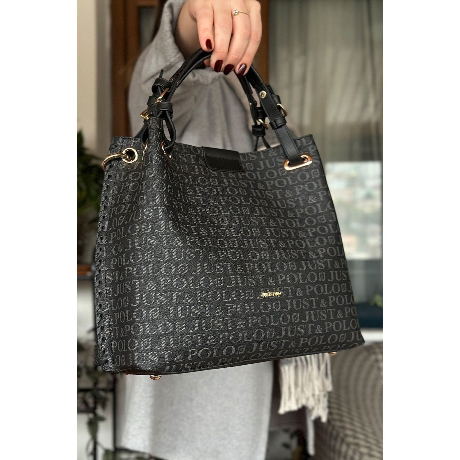 Just Polo Black Women's Just Polo Embossed Pattern Magnetic Snap Closure Handbag with Shoulder Strap - MALLTURK
