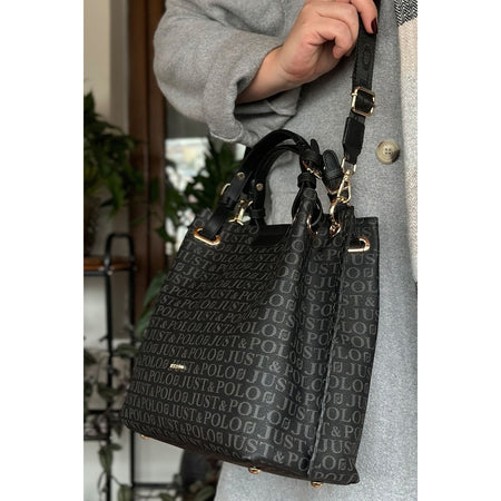 Just Polo Black Women's Just Polo Embossed Pattern Magnetic Snap Closure Handbag with Shoulder Strap - MALLTURK