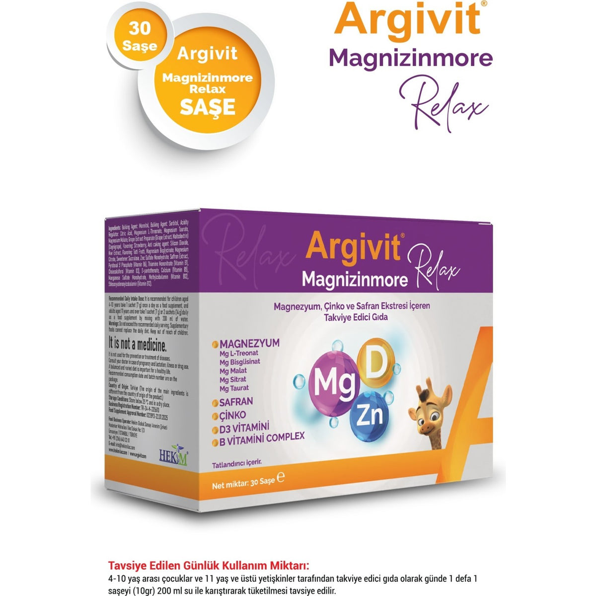 Argivit Magnizinmore Relax Magnesium, Zinc and Safran Ekstresi with Dietary Supplement 30 Sachet - MALLTURK