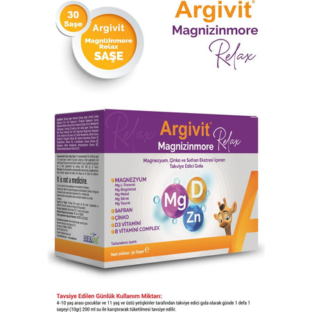 Argivit Magnizinmore Relax Magnesium, Zinc and Safran Ekstresi with Dietary Supplement 30 Sachet - MALLTURK