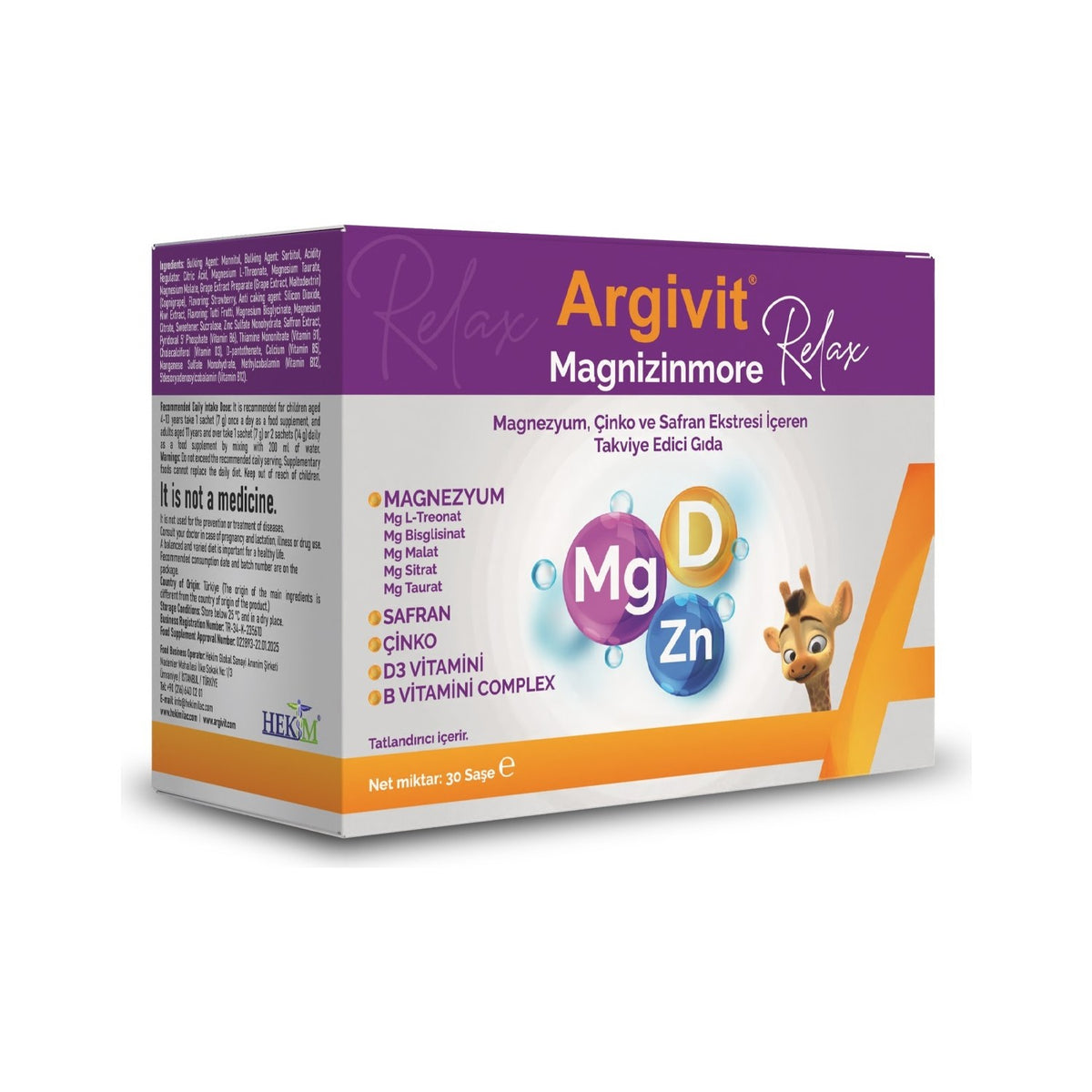 Argivit Magnizinmore Relax Magnesium, Zinc and Safran Ekstresi with Dietary Supplement 30 Sachet - MALLTURK