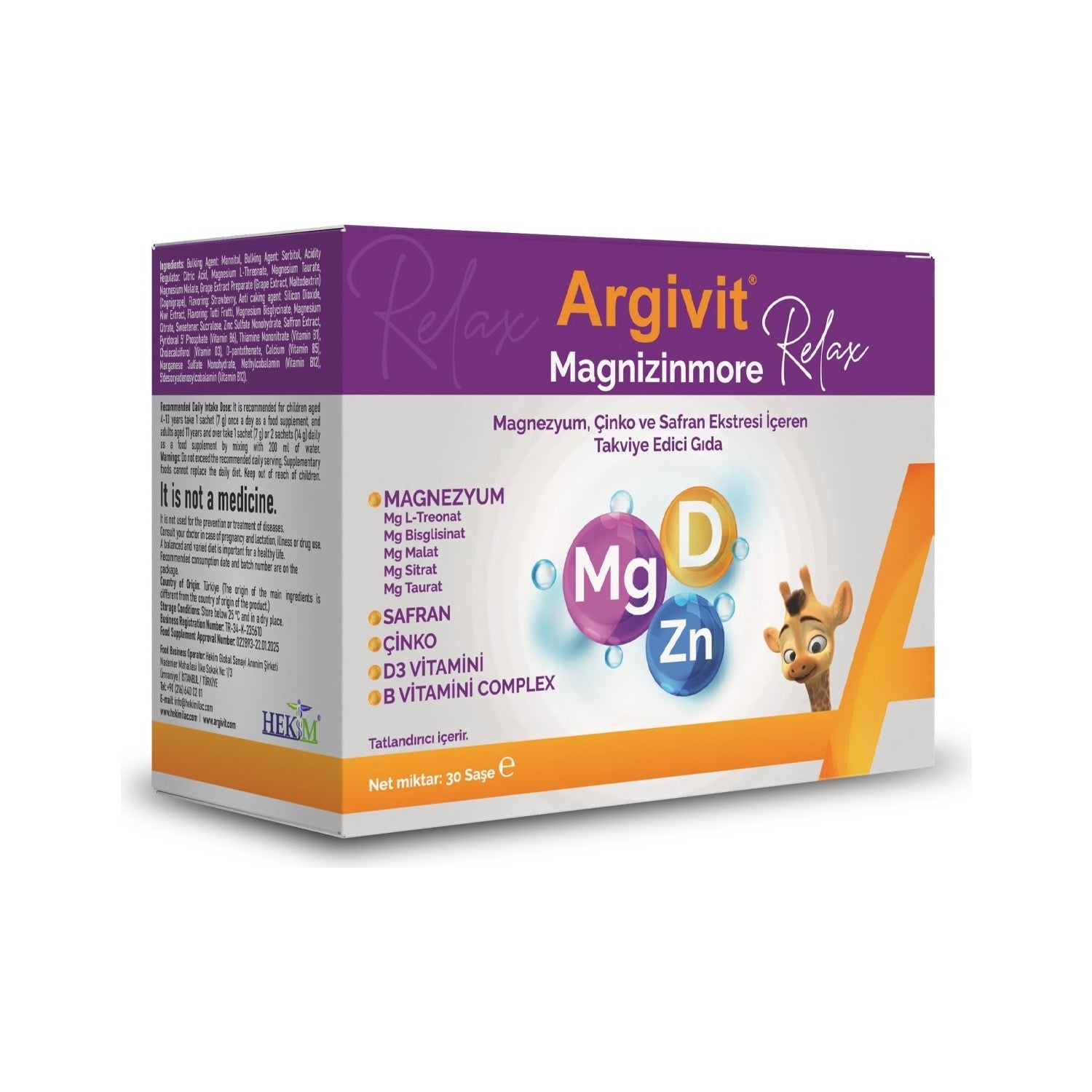 Argivit Magnizinmore Relax Magnesium, Zinc and Safran Ekstresi with Dietary Supplement 30 Sachet - MALLTURK