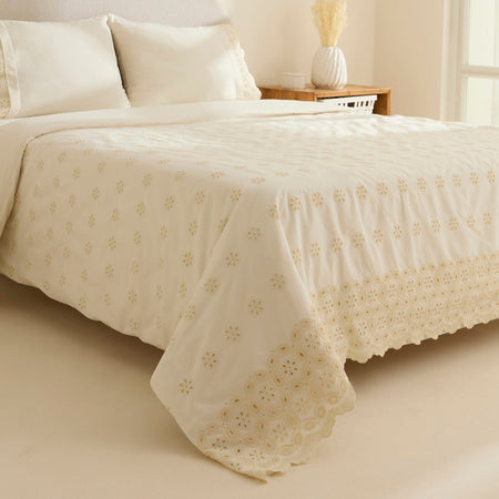 Karaca Home Lacera Embroidered Double Duvet Cover Set Ecru - MALLTURK