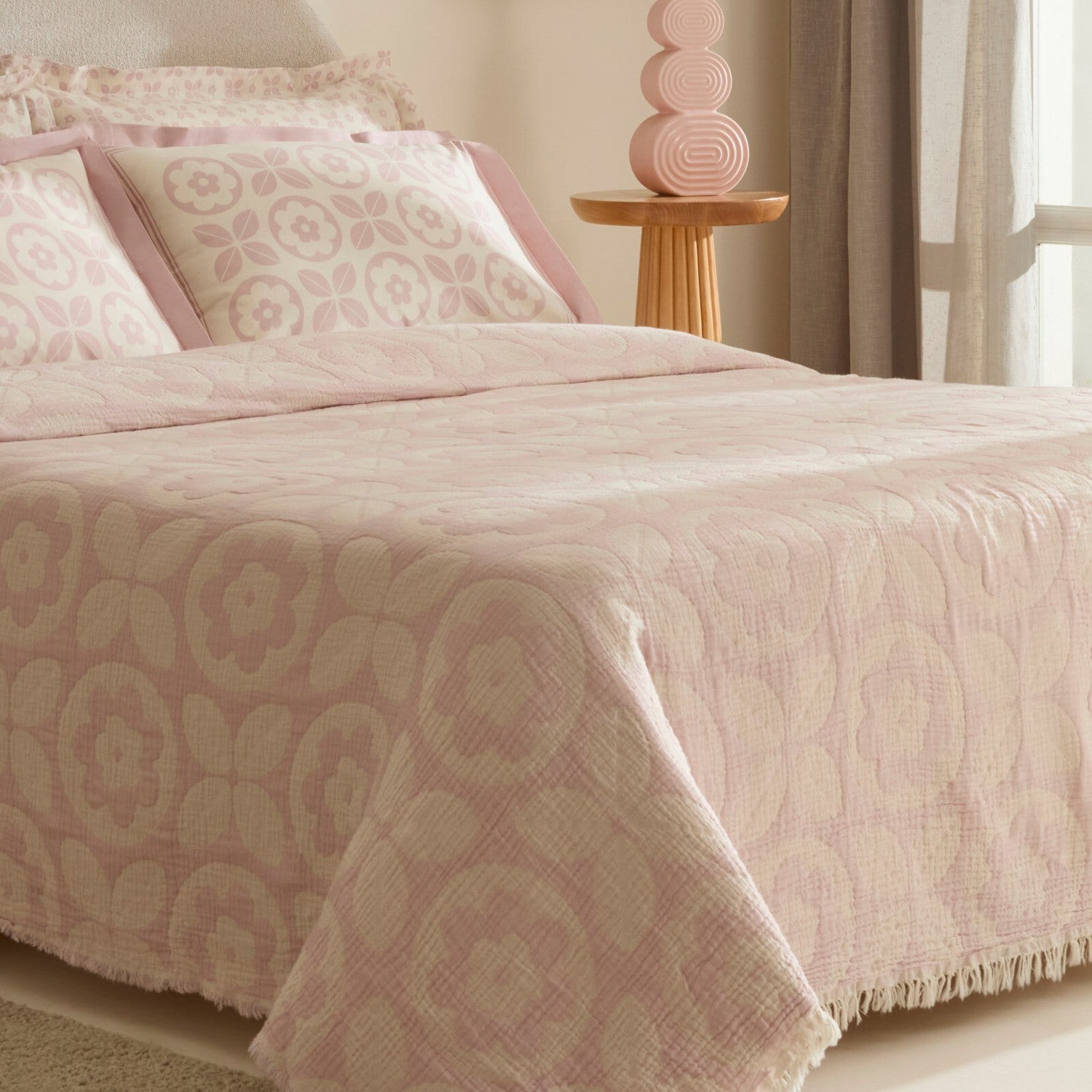 Karaca Home Shayla Pink Printed Muslin Quilted Bedding Set - MALLTURK