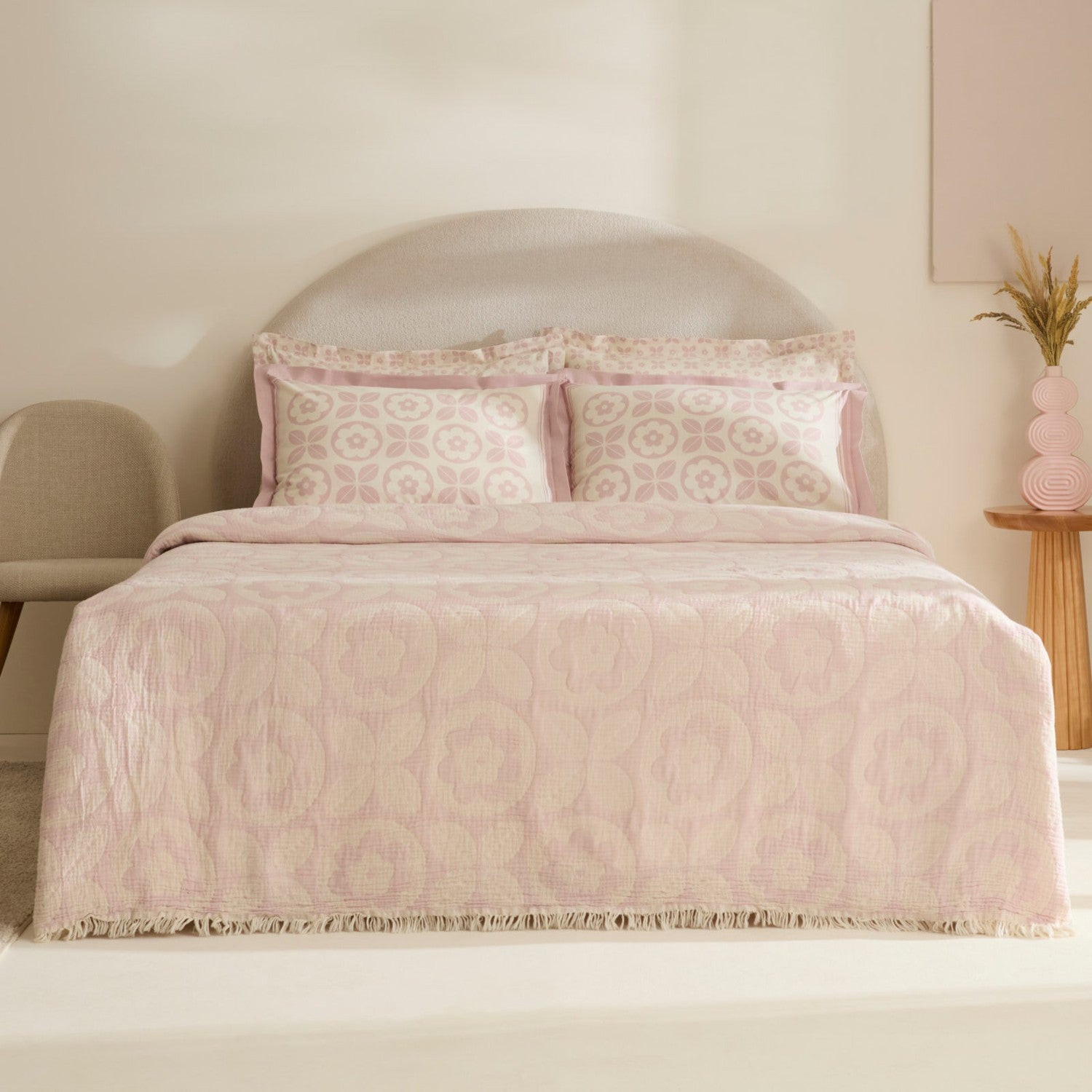 Karaca Home Shayla Pink Printed Muslin Quilted Bedding Set - MALLTURK