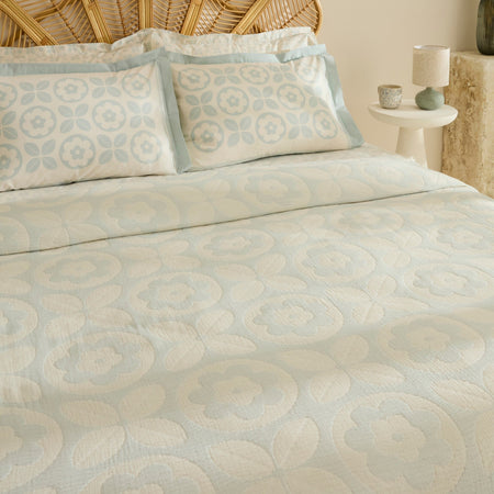 Karaca Home Shayla Blue Printed Muslin Quilted Bedding Set - MALLTURK