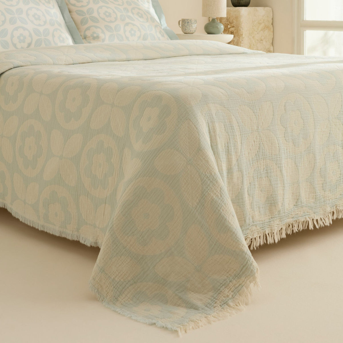 Karaca Home Shayla Blue Printed Muslin Quilted Bedding Set - MALLTURK