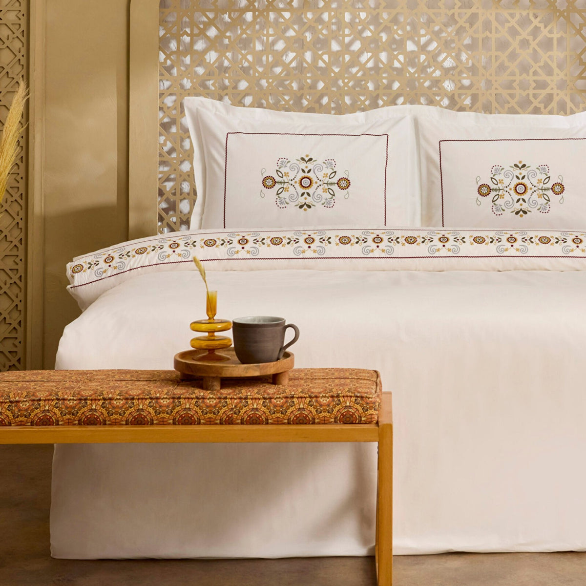 Karaca Home Beluna %100 Cotton Double Embroidered Duvet Cover Set White - MALLTURK